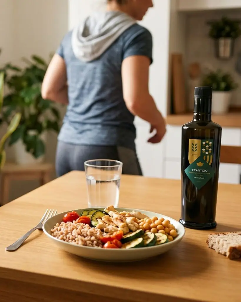 persona sportiva di spalle che prepara il pranzo, sul tavolo olio di oliva e piatto proteico